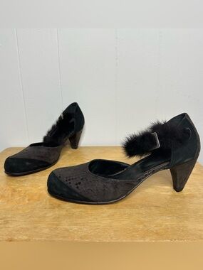 Round Toe Heel Shoe Natural Fur Accent Sz 7 Mary Jane Suede Leather Victorian